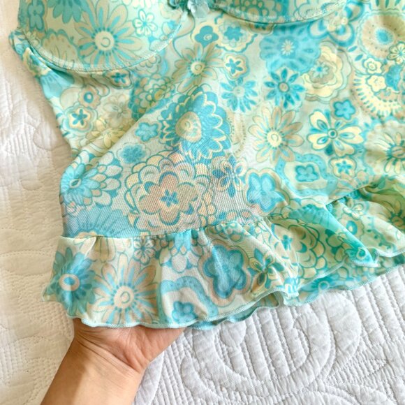 Y2K Mesh Bustier Cami Top Retro Turquoise Flowers & Ruffles Bed of Roses 36B - Picture 4 of 9